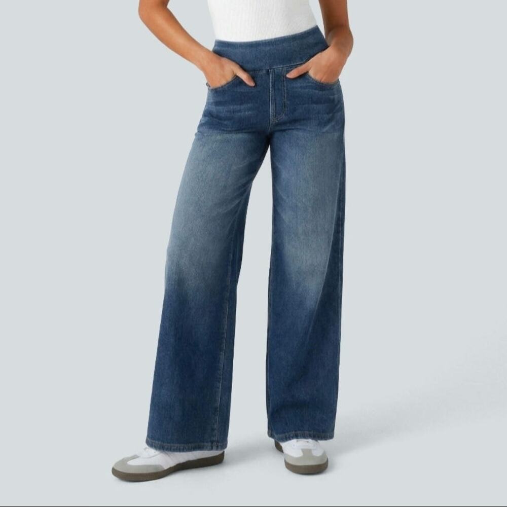 Sz Lg Tall HALARA Royal Blue Stretch Pockets Wide-Leg Pull-on Jeans